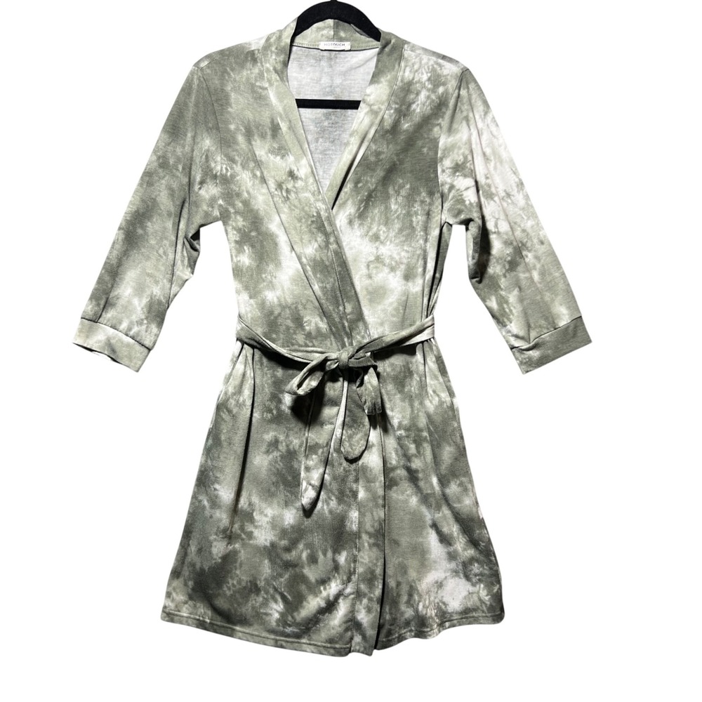 Hotouch Womens Tie‎ Dye Robe Olive Green White Cotton Blend Jersey Small Pockets